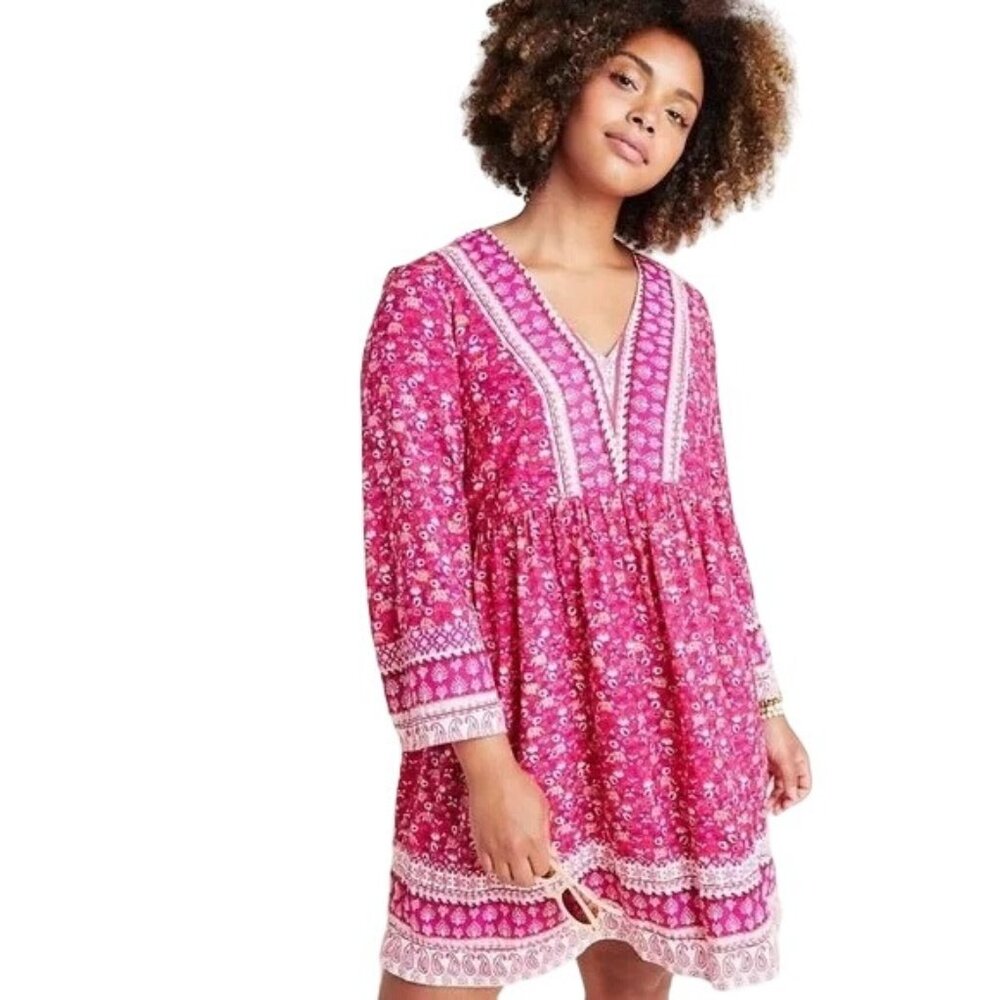 Anthropologie Maeve Isabel Pink Embroidered Floral V Neck Boho Dress Size Large